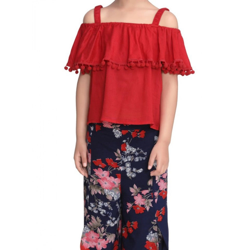 Amfyn Girl's Rayon Crepe Printed Cold Shoulder Top and Pants Set (Red-Navy)
