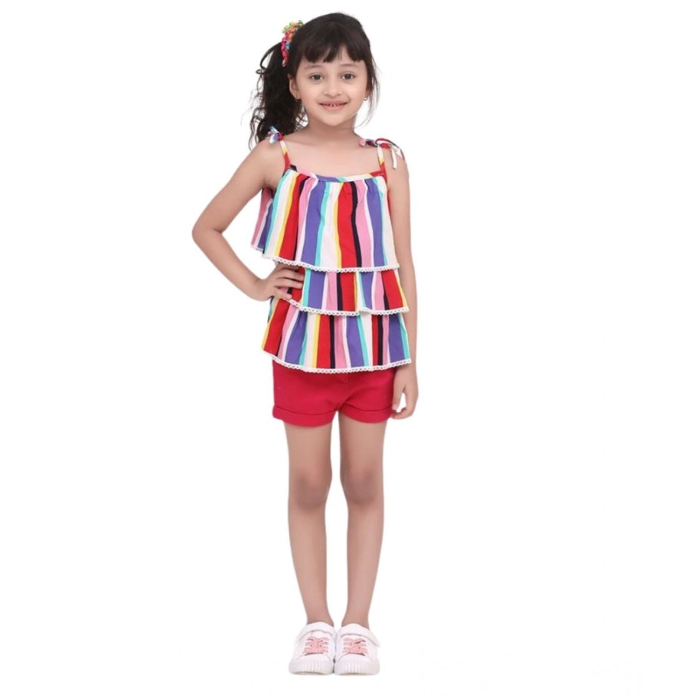 Amfyn Girl's Polyester Crepe Striped Tie Ups Shorts Set (Multicolor)