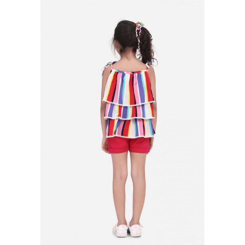 Amfyn Girl's Polyester Crepe Striped Tie Ups Shorts Set (Multicolor)