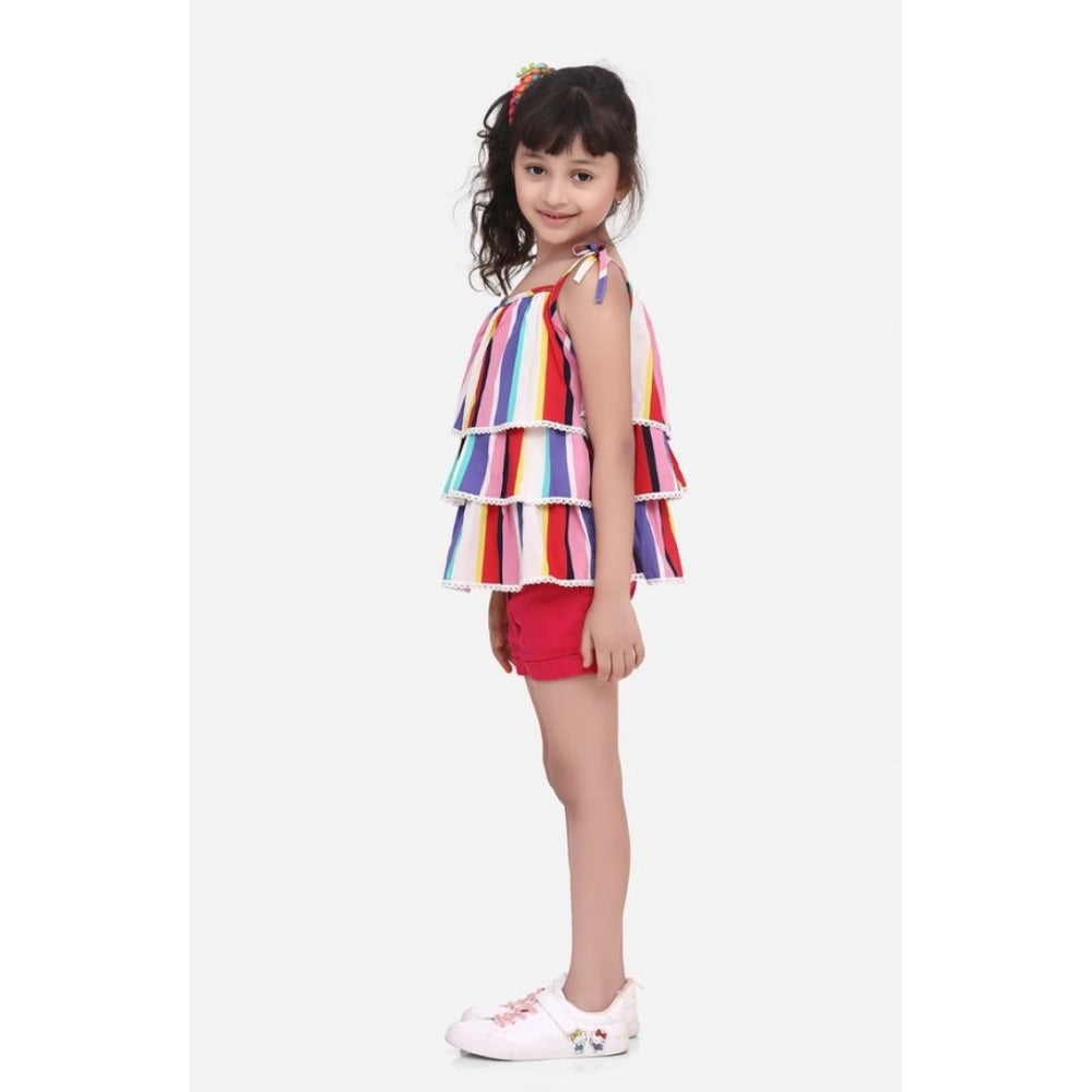 Amfyn Girl's Polyester Crepe Striped Tie Ups Shorts Set (Multicolor)