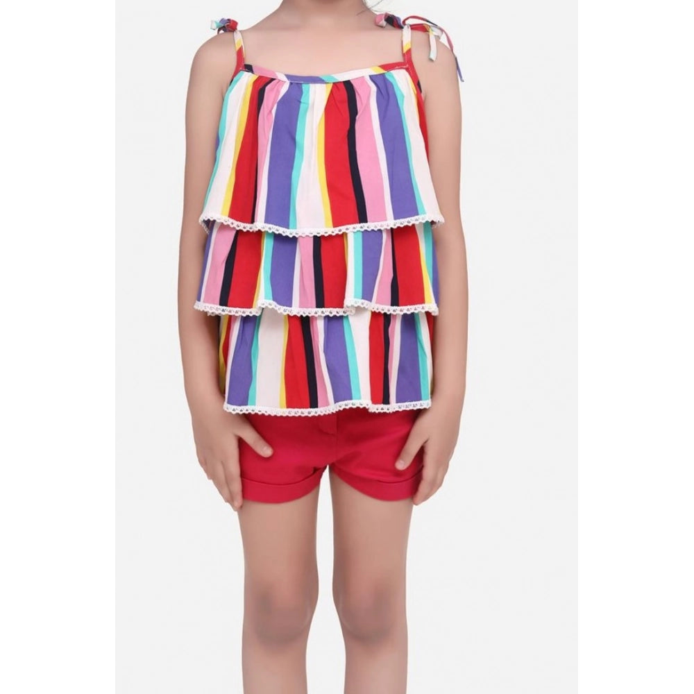 Amfyn Girl's Polyester Crepe Striped Tie Ups Shorts Set (Multicolor)