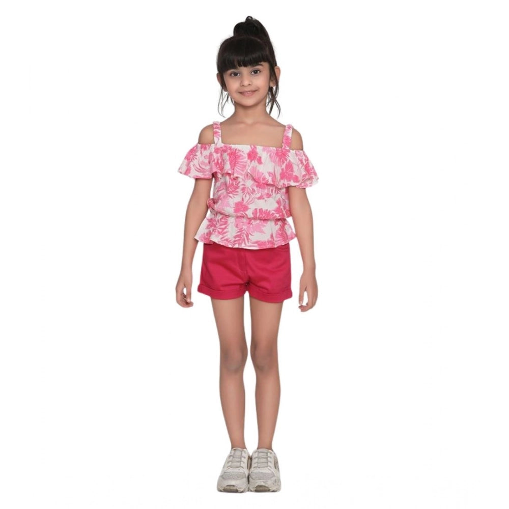 Amfyn Girl's Cotton Floral Cold Shoulder Top and Shorts Set (Pink-Red)