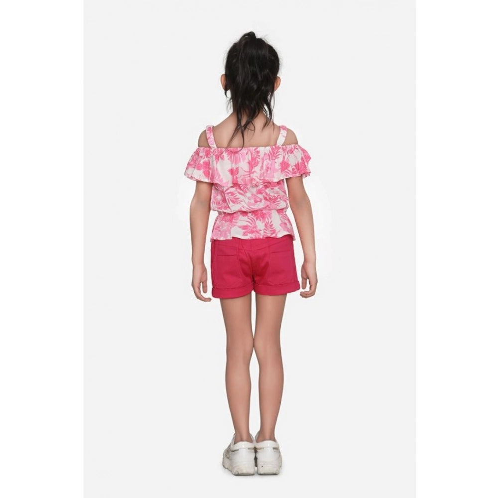Amfyn Girl's Cotton Floral Cold Shoulder Top and Shorts Set (Pink-Red)