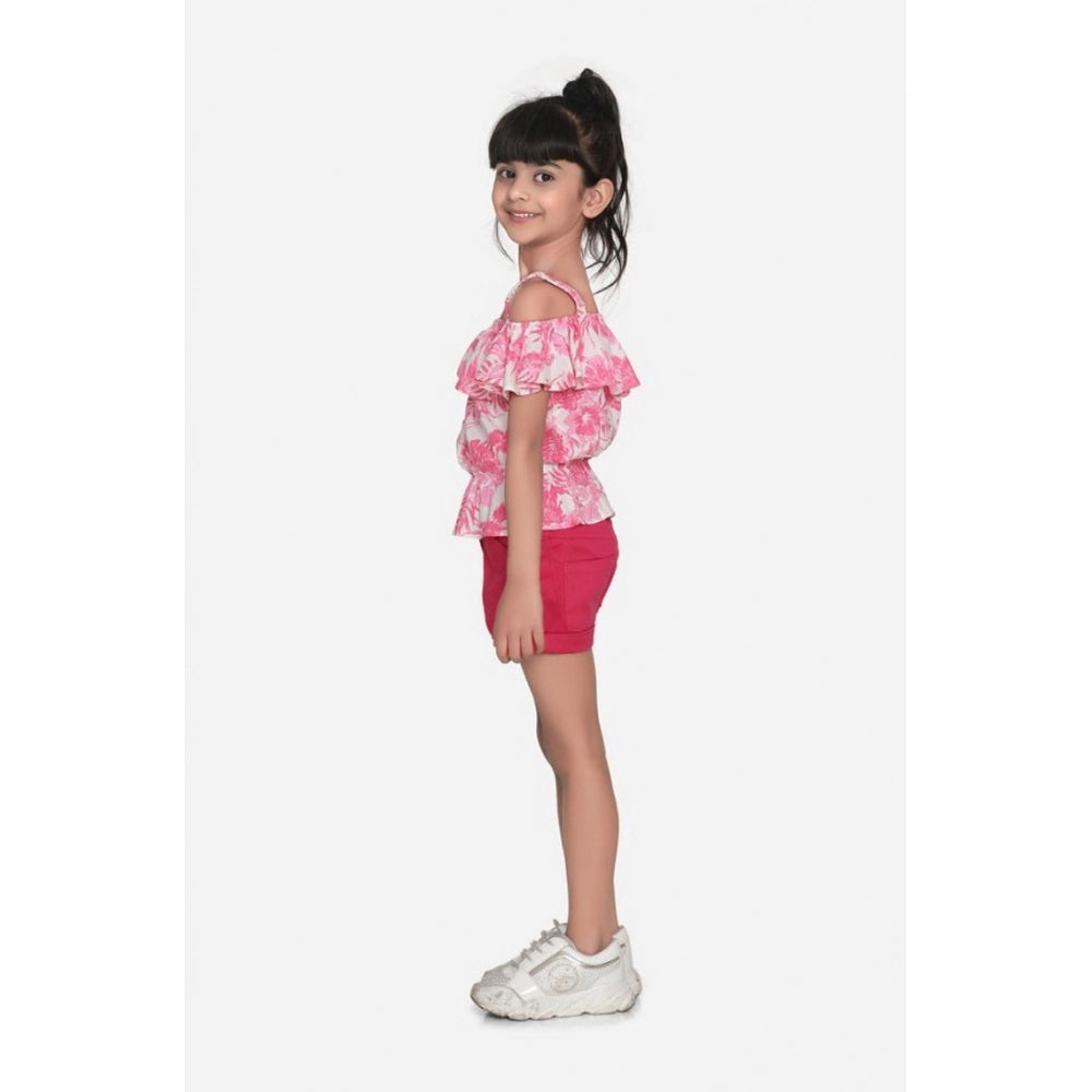 Amfyn Girl's Cotton Floral Cold Shoulder Top and Shorts Set (Pink-Red)