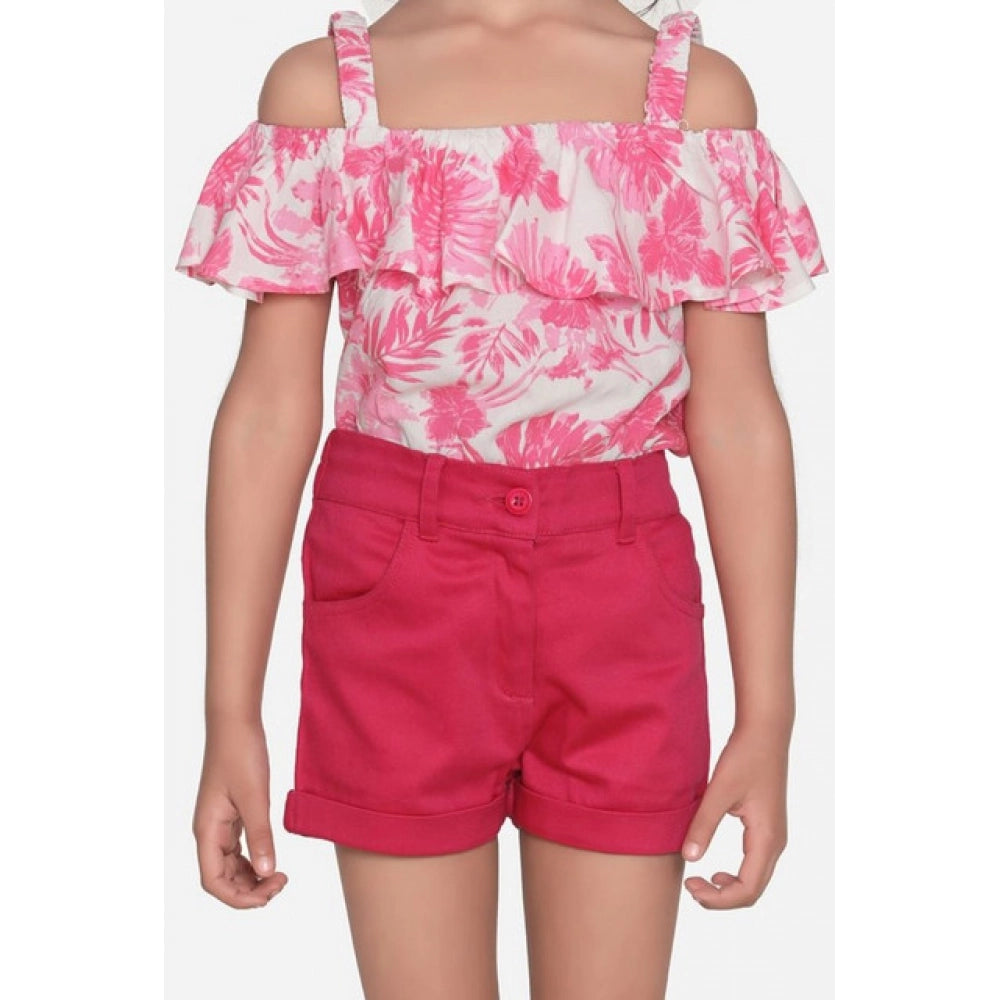 Amfyn Girl's Cotton Floral Cold Shoulder Top and Shorts Set (Pink-Red)