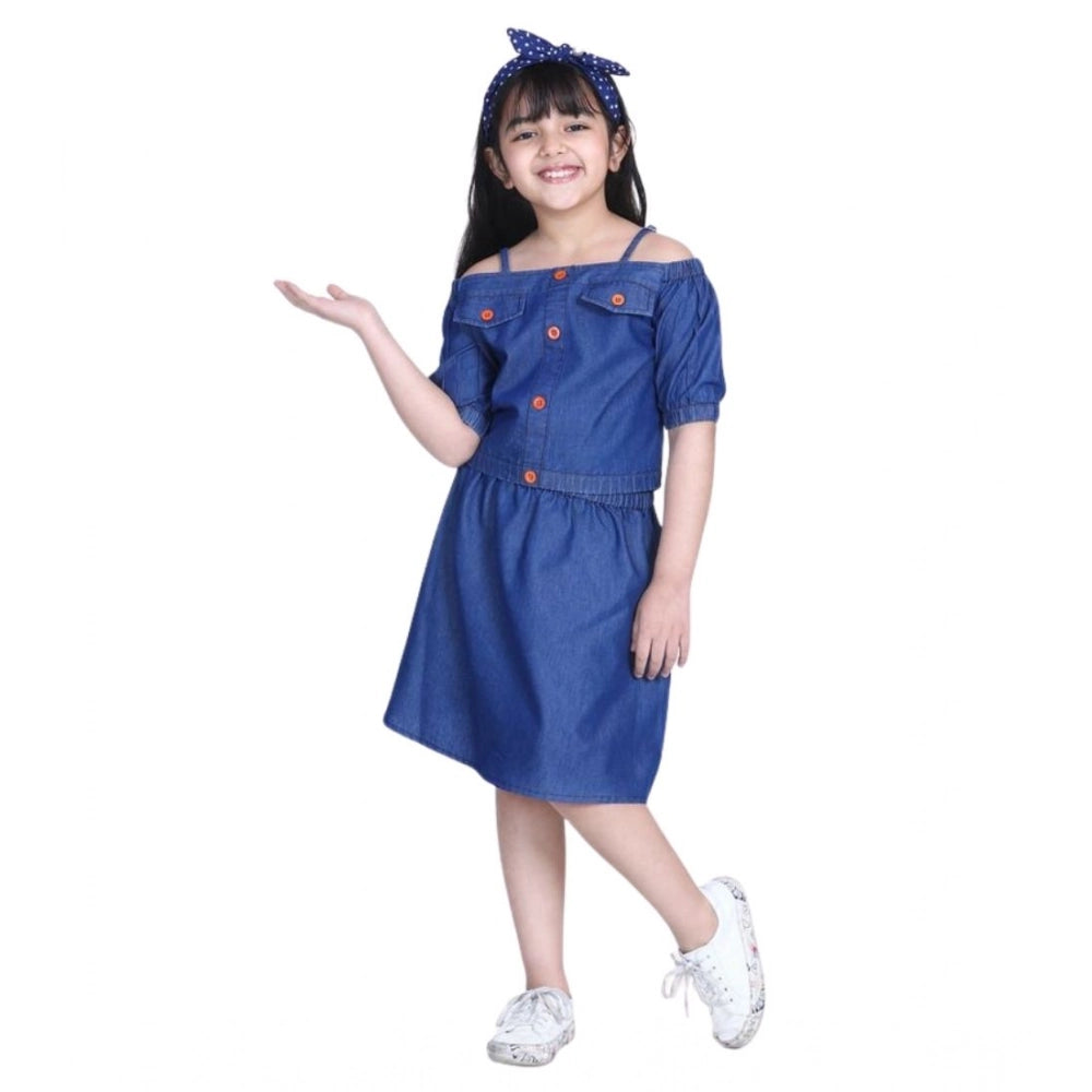 Amfyn Girl's Denim Solid Cold Shoulder Top and Skirt Set (Navy Blue)