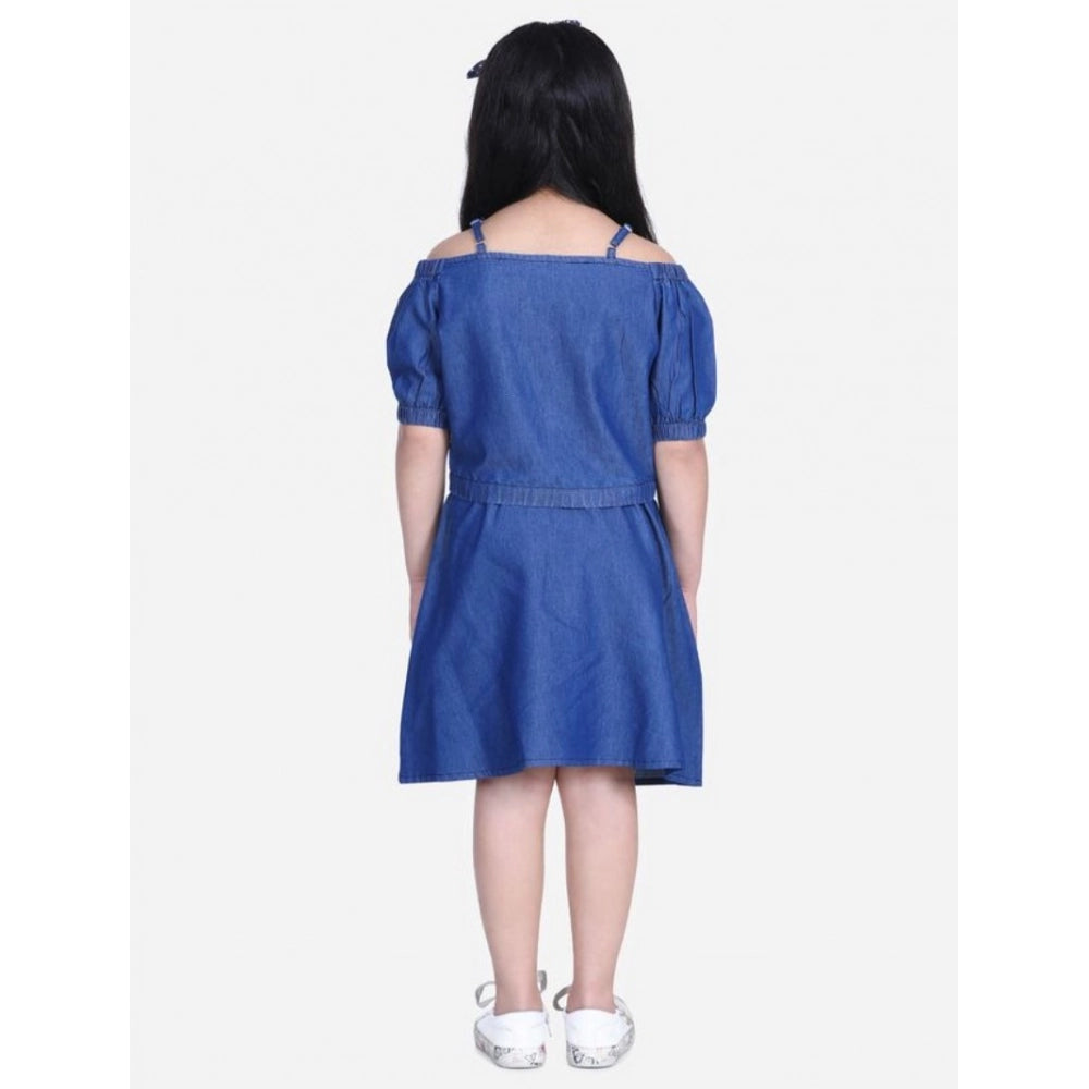 Amfyn Girl's Denim Solid Cold Shoulder Top and Skirt Set (Navy Blue)