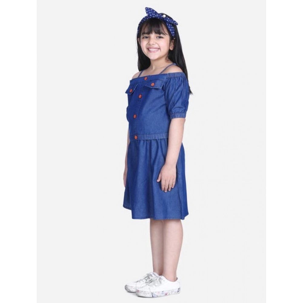 Amfyn Girl's Denim Solid Cold Shoulder Top and Skirt Set (Navy Blue)