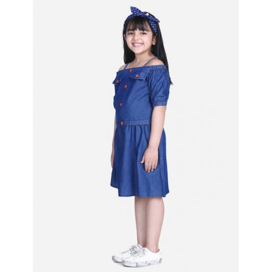 Amfyn Girl's Denim Solid Cold Shoulder Top and Skirt Set (Navy Blue)