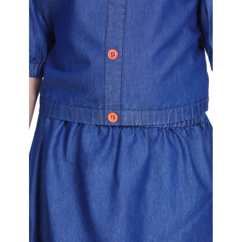 Amfyn Girl's Denim Solid Cold Shoulder Top and Skirt Set (Navy Blue)