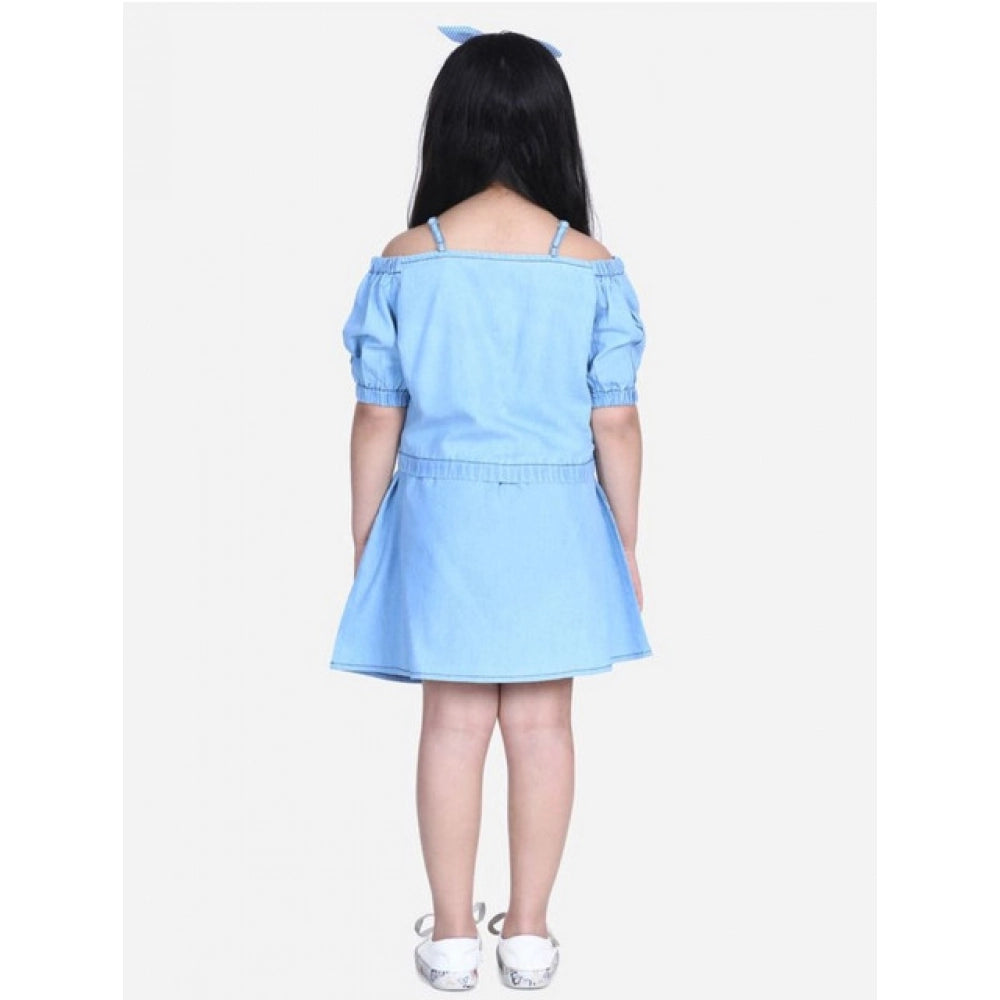 Amfyn Girl's Denim Solid Cold Shoulder Top and Skirt Set (Light Blue)