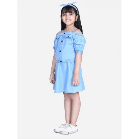 Amfyn Girl's Denim Solid Cold Shoulder Top and Skirt Set (Light Blue)