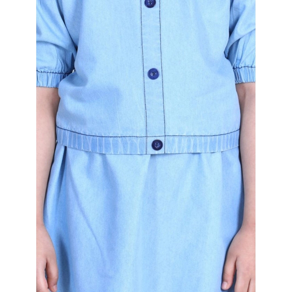 Amfyn Girl's Denim Solid Cold Shoulder Top and Skirt Set (Light Blue)