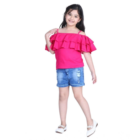 Amfyn Girl's Rayon Solid Cold Shoulder Top with Shorts (Pink-Blue)