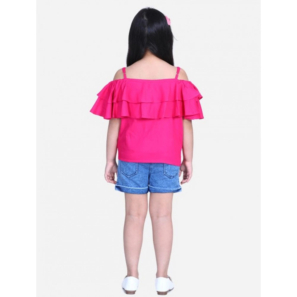 Amfyn Girl's Rayon Solid Cold Shoulder Top with Shorts (Pink-Blue)