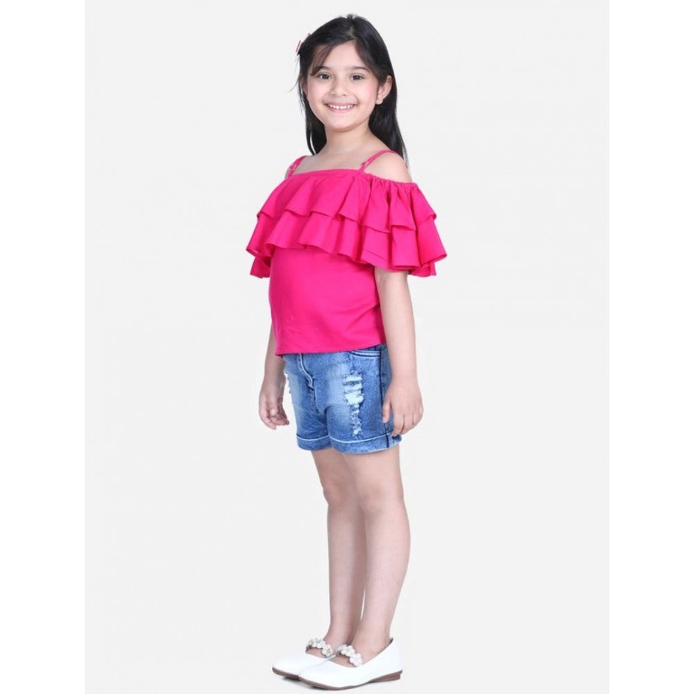 Amfyn Girl's Rayon Solid Cold Shoulder Top with Shorts (Pink-Blue)