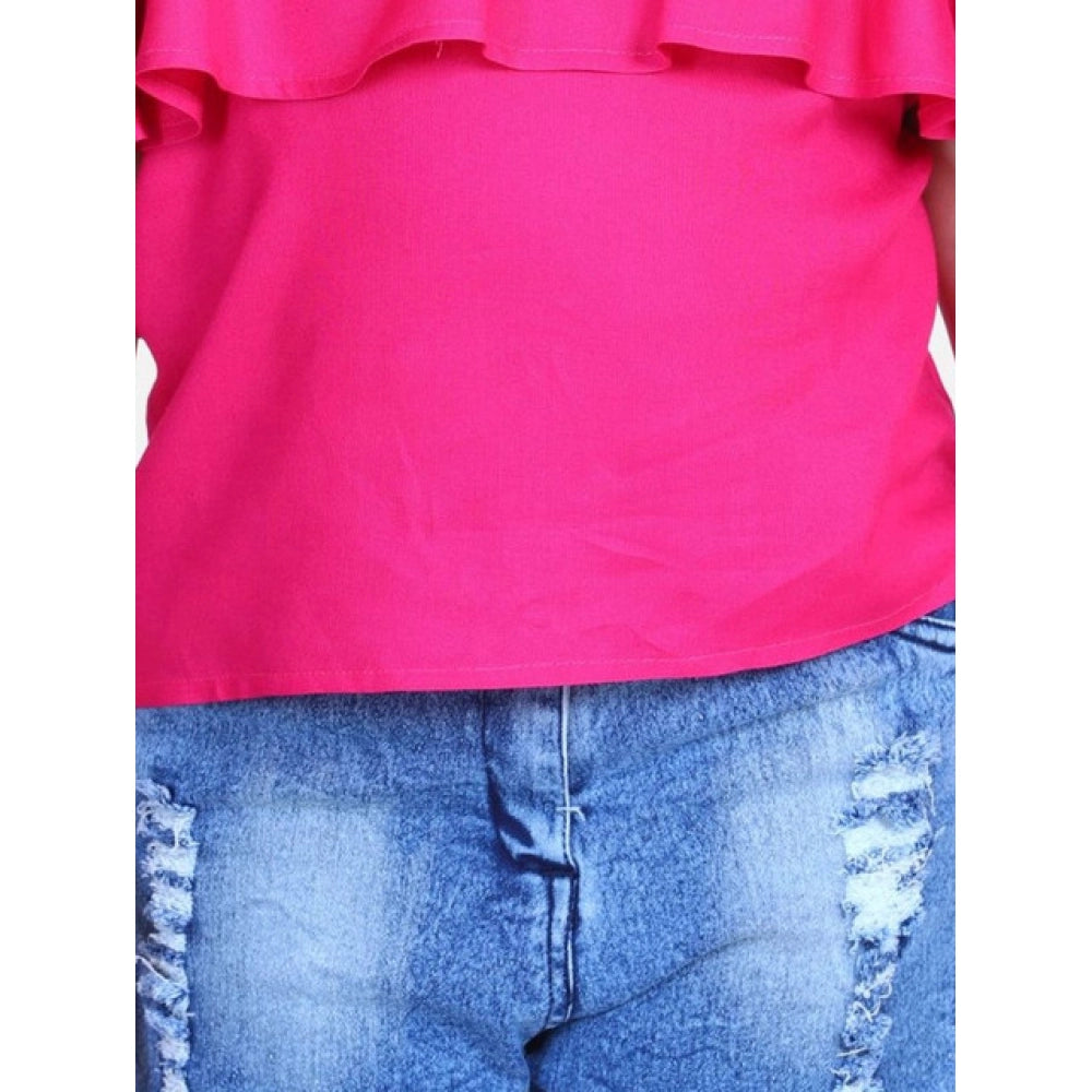 Amfyn Girl's Rayon Solid Cold Shoulder Top with Shorts (Pink-Blue)