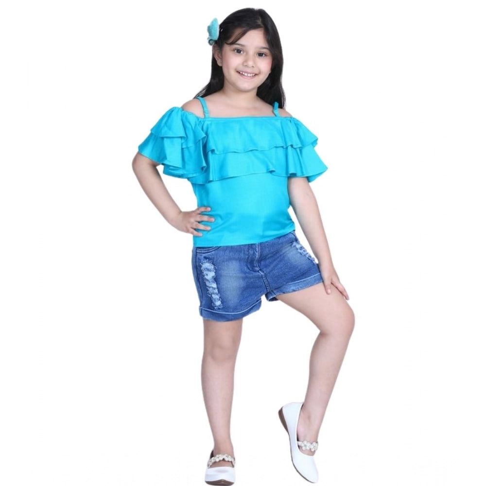 Amfyn Girl's Rayon Solid Cold Shoulder Top with Shorts (Blue)