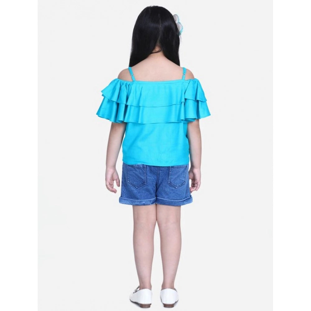Amfyn Girl's Rayon Solid Cold Shoulder Top with Shorts (Blue)
