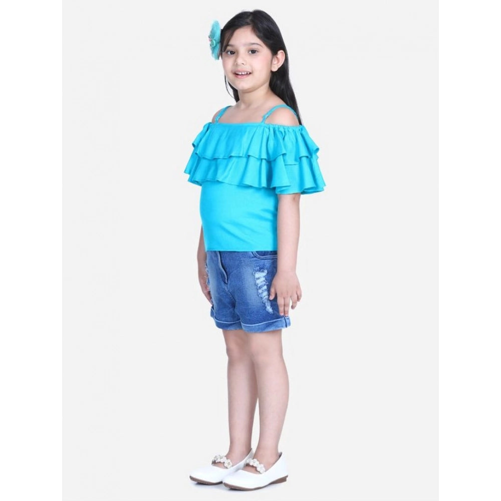 Amfyn Girl's Rayon Solid Cold Shoulder Top with Shorts (Blue)