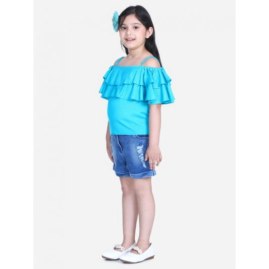 Amfyn Girl's Rayon Solid Cold Shoulder Top with Shorts (Blue)