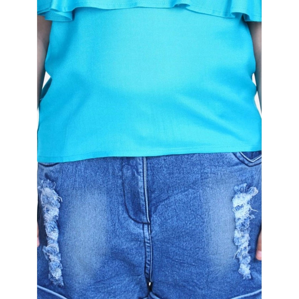 Amfyn Girl's Rayon Solid Cold Shoulder Top with Shorts (Blue)