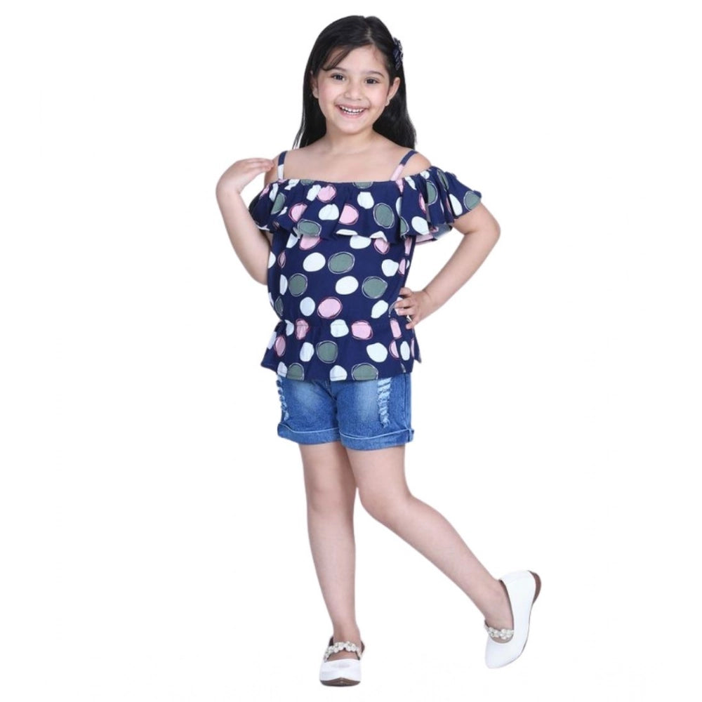 Amfyn Girl's Rayon Solid Cold Shoulder Top with Shorts (Navy Blue)