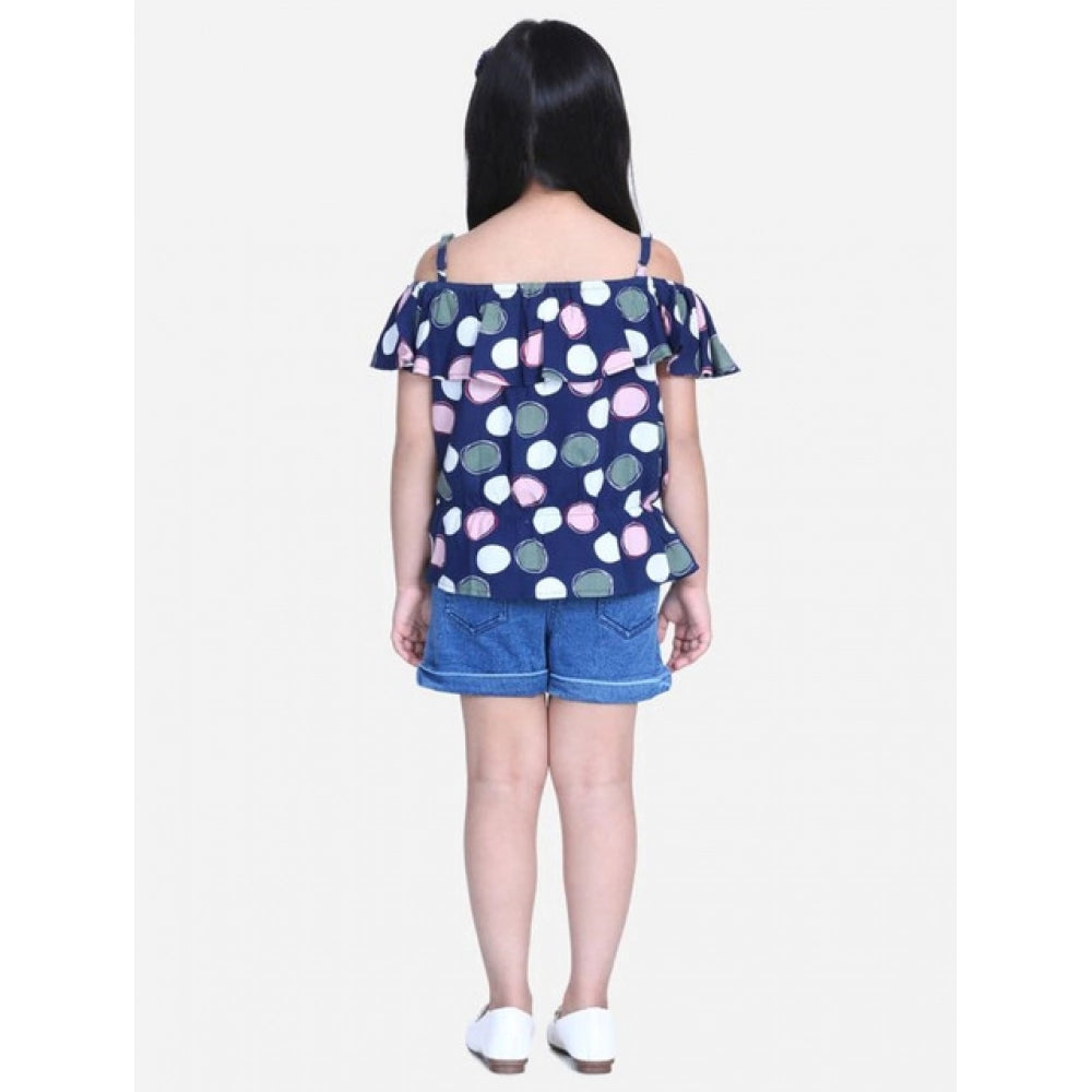 Amfyn Girl's Rayon Solid Cold Shoulder Top with Shorts (Navy Blue)