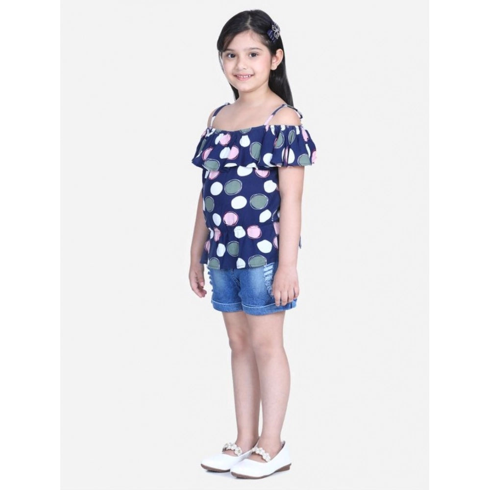 Amfyn Girl's Rayon Solid Cold Shoulder Top with Shorts (Navy Blue)