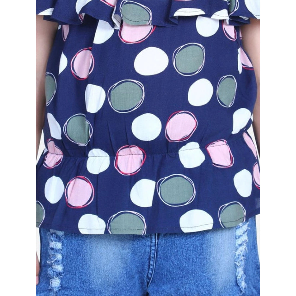 Amfyn Girl's Rayon Solid Cold Shoulder Top with Shorts (Navy Blue)