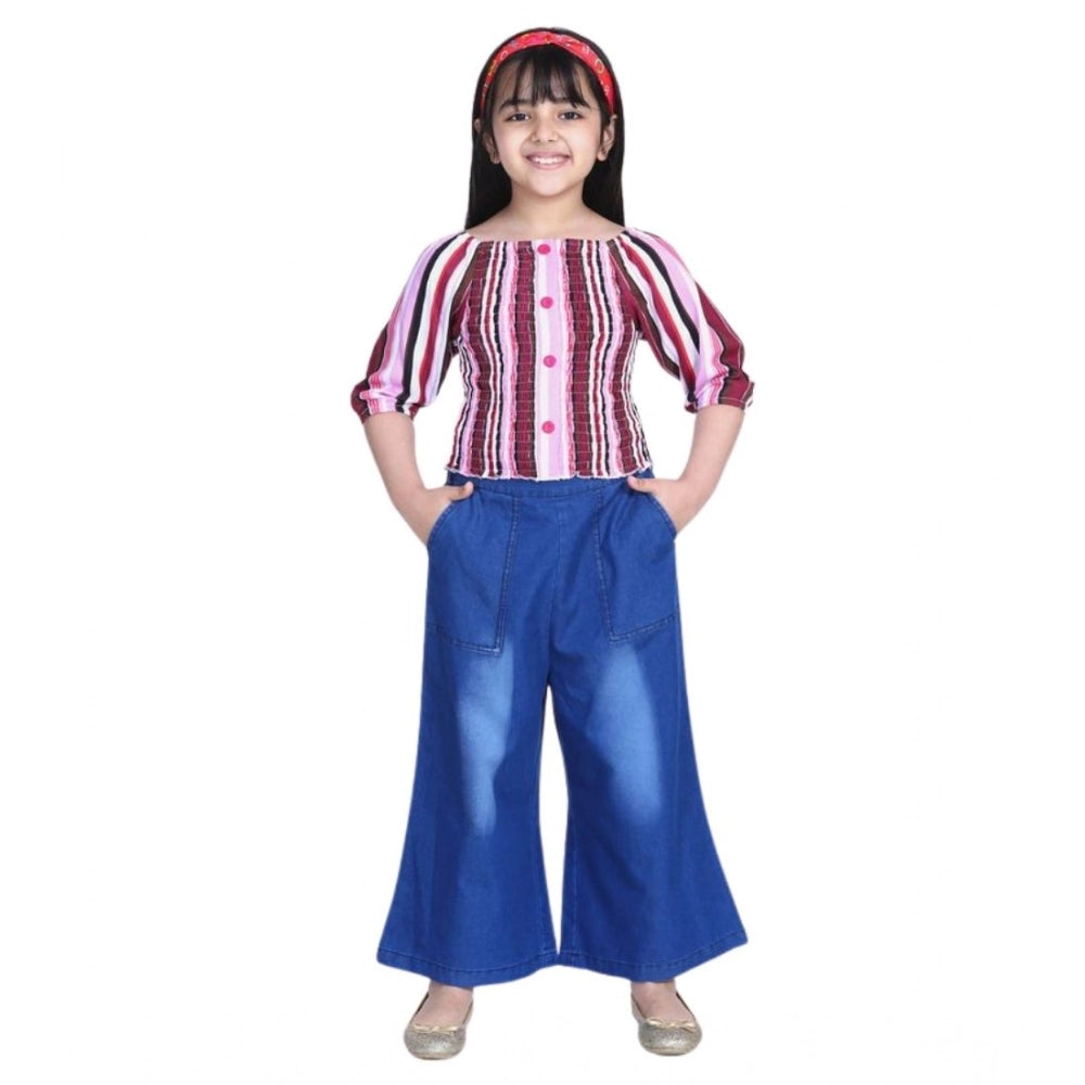 Amfyn Girl's Rayon Solid Bell Sleeve Top with Culottes (Purple-Blue)