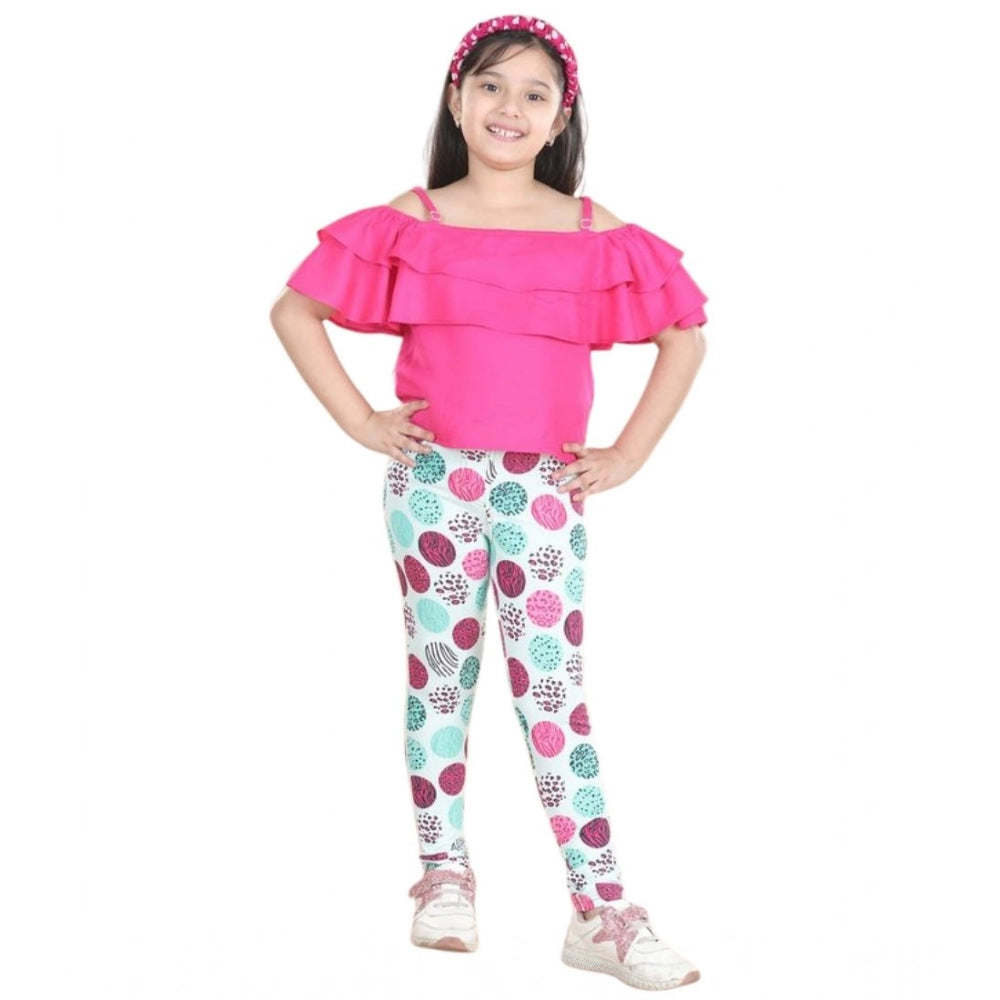 Amfyn Girl's Cotton Floral Elasticated Jegging and Top (Pink)