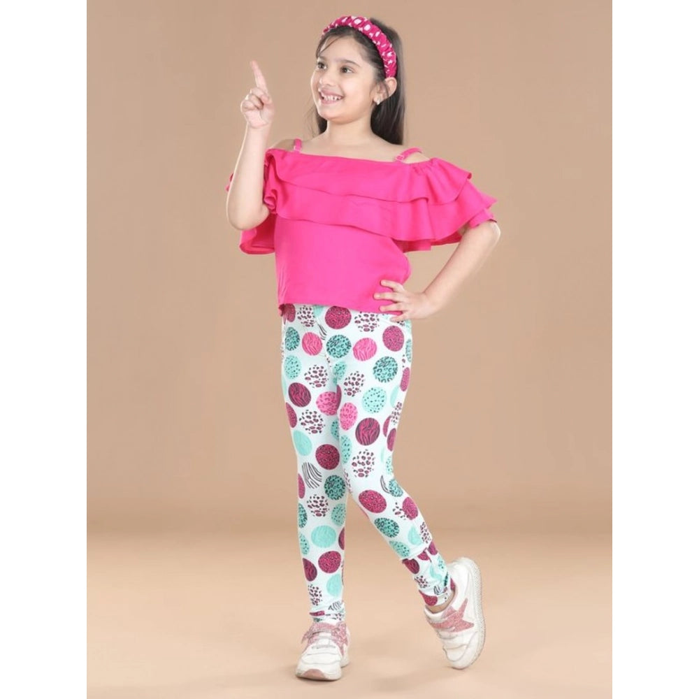 Amfyn Girl's Cotton Floral Elasticated Jegging and Top (Pink)