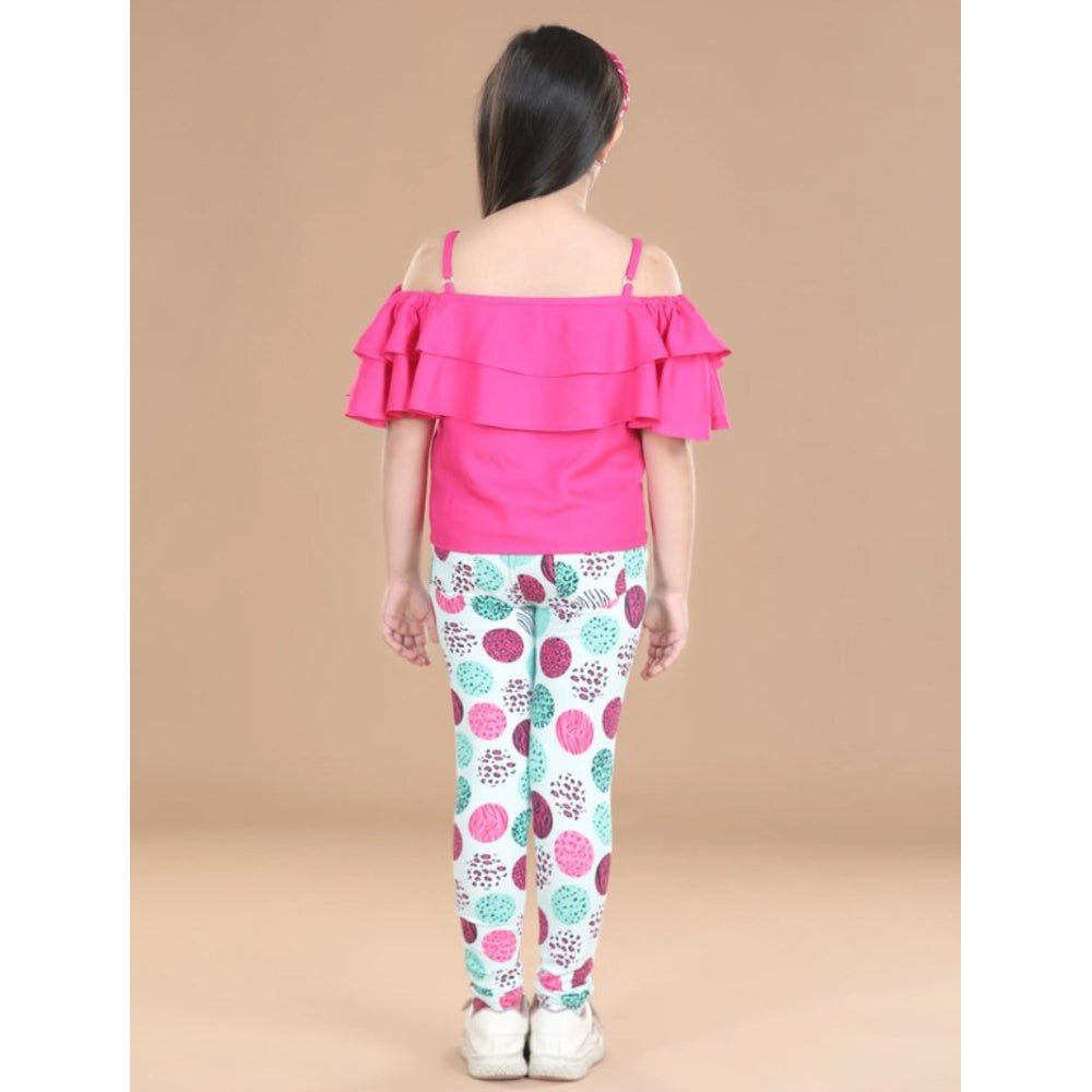 Amfyn Girl's Cotton Floral Elasticated Jegging and Top (Pink)