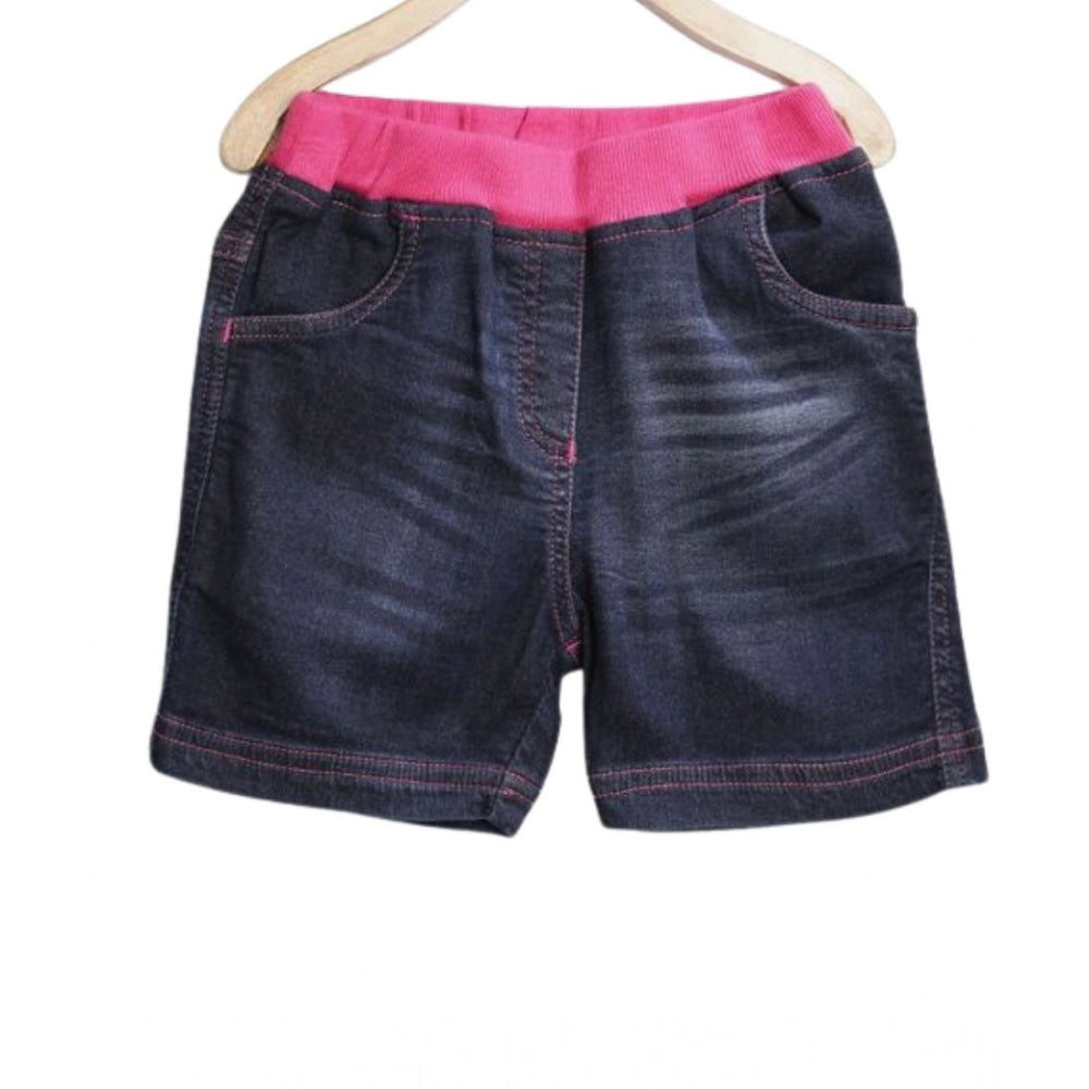 Amfyn Girl's Denim Ribbed Elasticated Shorts (Pink-Blue)