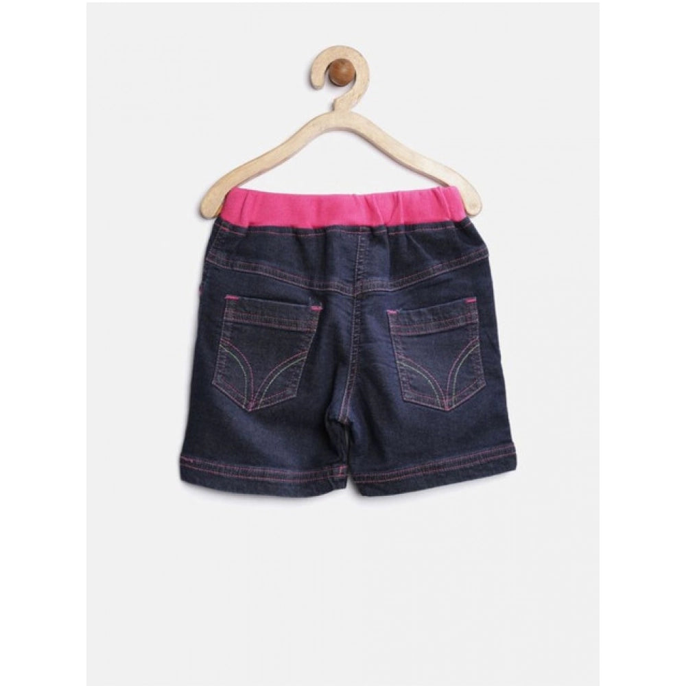 Amfyn Girl's Denim Ribbed Elasticated Shorts (Pink-Blue)