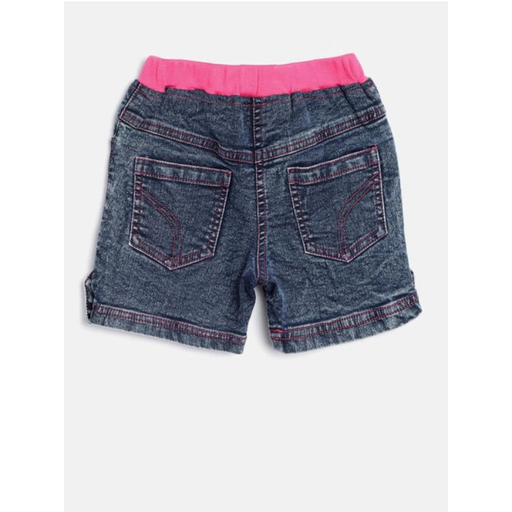 Amfyn Girl's Denim Lace Inserts Sleeveless Shorts (Blue-Pink)