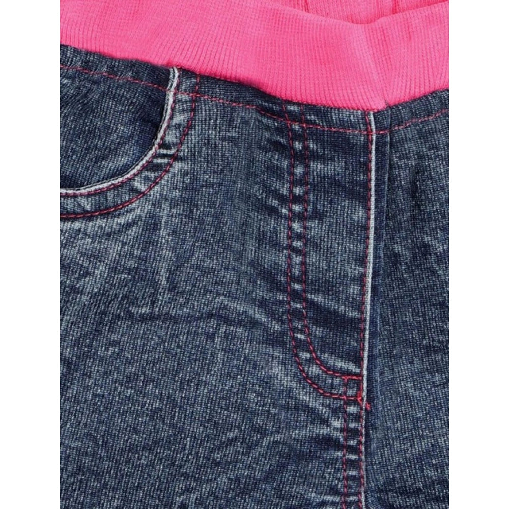 Amfyn Girl's Denim Lace Inserts Sleeveless Shorts (Blue-Pink)