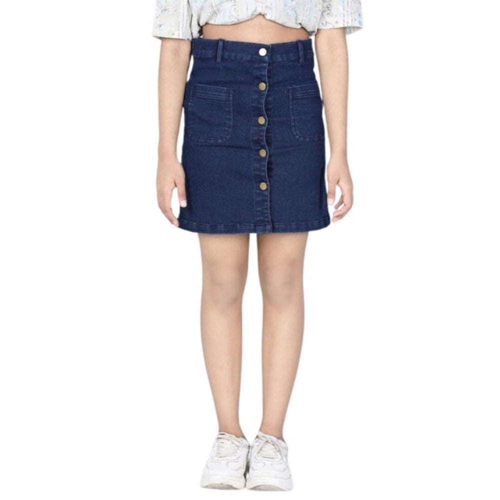 Amfyn Girl's Denim Solid Buttoned Skirt (Navy Blue)