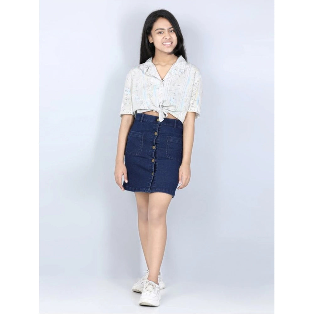 Amfyn Girl's Denim Solid Buttoned Skirt (Navy Blue)