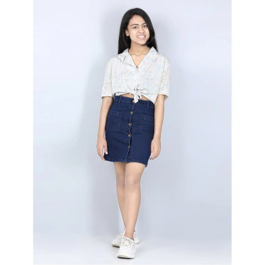 Amfyn Girl's Denim Solid Buttoned Skirt (Navy Blue)