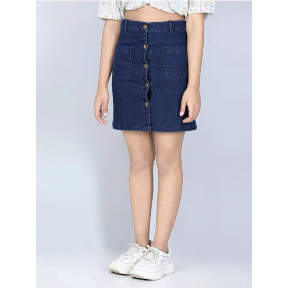 Amfyn Girl's Denim Solid Buttoned Skirt (Navy Blue)
