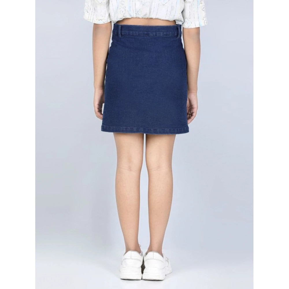Amfyn Girl's Denim Solid Buttoned Skirt (Navy Blue)