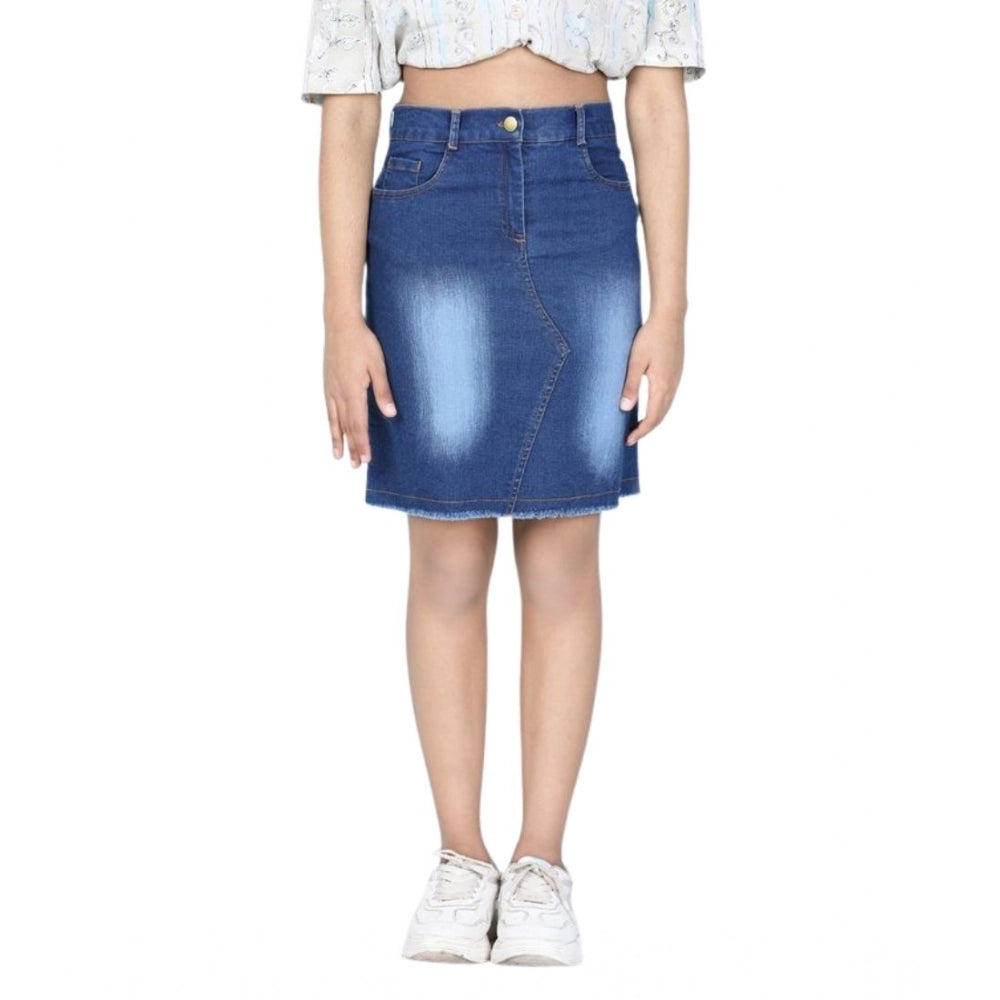 Amfyn Girl's Denim Solid Buttoned Skirt (Blue)