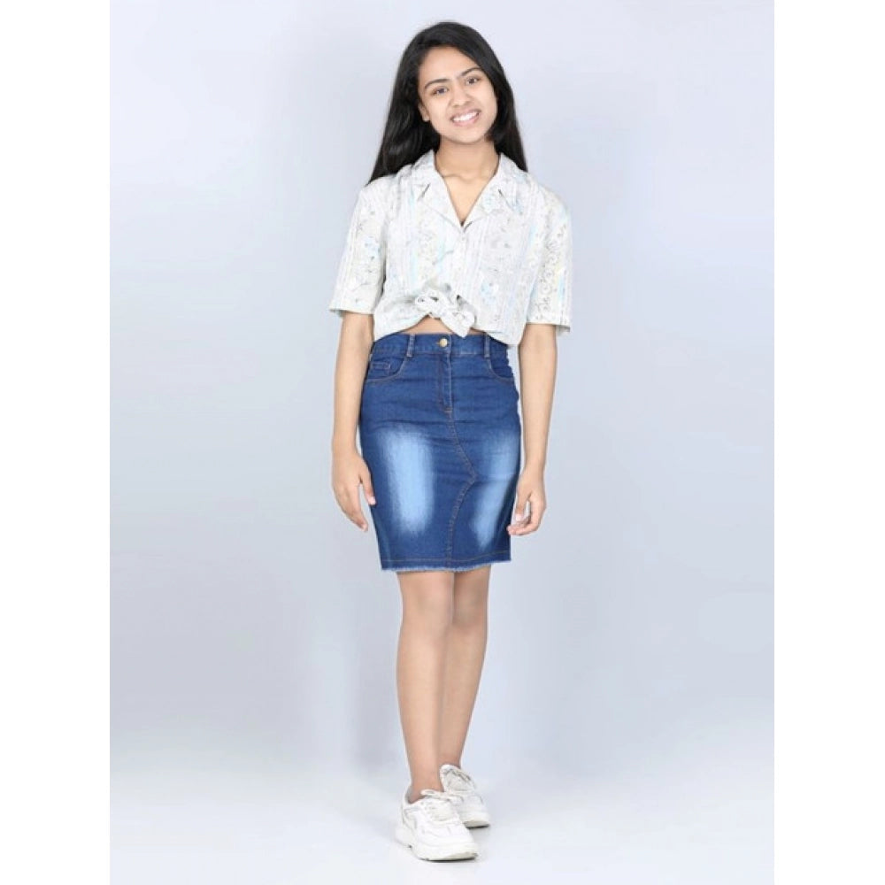Amfyn Girl's Denim Solid Buttoned Skirt (Blue)