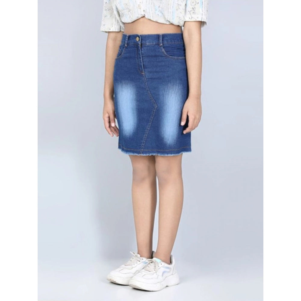 Amfyn Girl's Denim Solid Buttoned Skirt (Blue)