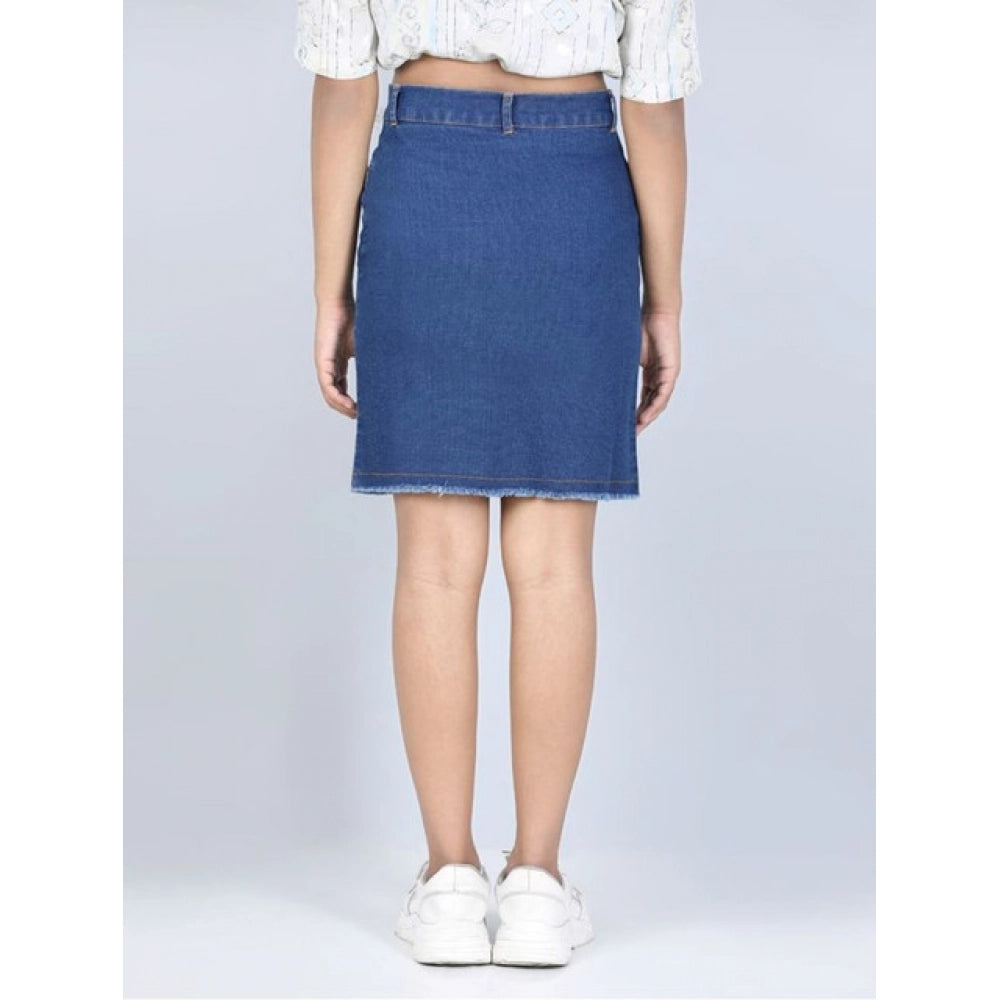Amfyn Girl's Denim Solid Buttoned Skirt (Blue)