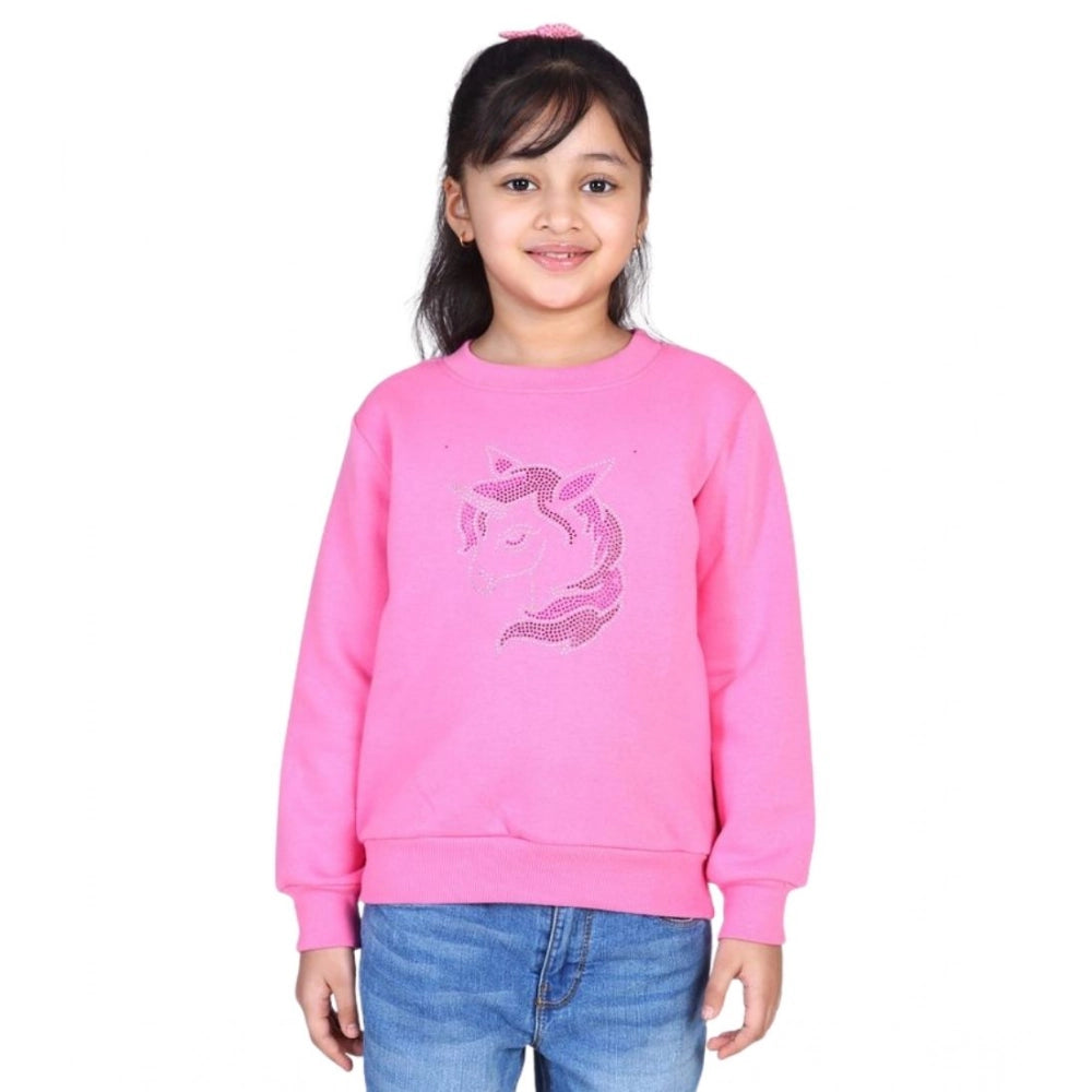 Amfyn Girl's Fleece Embellished Long Sleeves Sweatshirt (Pink)