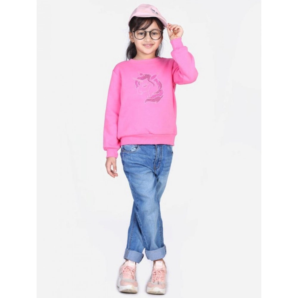 Amfyn Girl's Fleece Embellished Long Sleeves Sweatshirt (Pink)