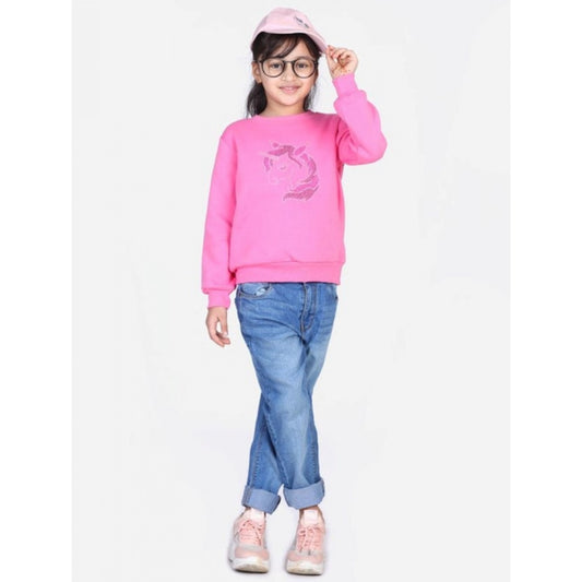 Amfyn Girl's Fleece Embellished Long Sleeves Sweatshirt (Pink)